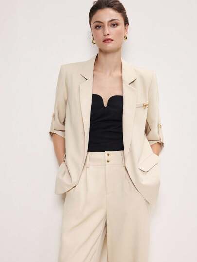 BizChic 2025 Autumn/Winter New Khaki Lapel Pocket Metal Decor Button Women's Blazer Jacket, Modern Elegant Business Casual Office Wear