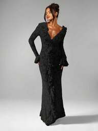 MISSGUIDED Elegante abito da sera lungo con dettagli a volant, scollo a V, maniche a campana lunghe, stile vittoriano, adatto per invitati a matrimoni e occasioni speciali, lunghezza fino a terra