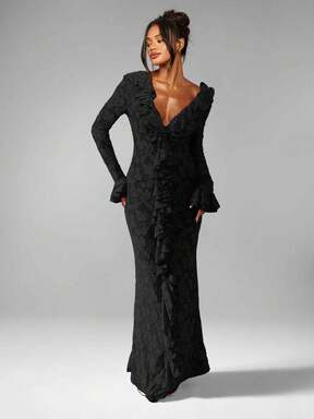 MISSGUIDED Elegantes Maxikleid mit Rüschendetails, tiefem Ausschnitt, langen Glockenärmeln im viktorianischen Stil, für Hochzeitsgäste und besondere Anlässe, bodenlang, formell