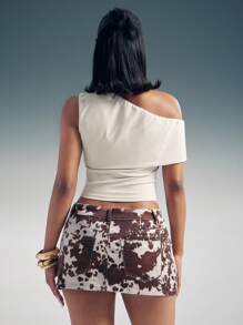 Denimoi Áo crop top cổ lệch một bên vai - Màu be - Xem 5