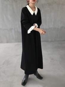 FRIFUL Women's Color Block Long Sleeve Loose Oversized Dress Black Dress Women Modest Dress Funeral Dress Church Dress Prayer Dress