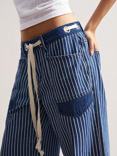 Bohemela 大码休闲水洗条纹直筒裤