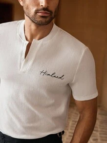 Manfinity VCAY 男士休闲针织字母刺绣修身短袖 Polo 衫 - 白色 - 查看 5