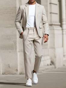 Manfinity Mode 男士浅灰色V领休闲西装套装，春夏 - 淺灰色 - 查看 1