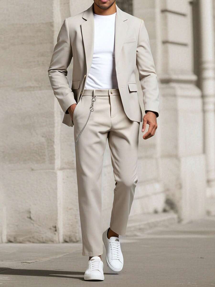 Manfinity Mode 男士浅灰色V领休闲西装套装，春夏 - 淺灰色 - 查看 1