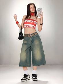 SHEIN ICON Women's Casual Loose Denim Wide-Leg 7/8 Length Jeans, Blue, Western Wear Women