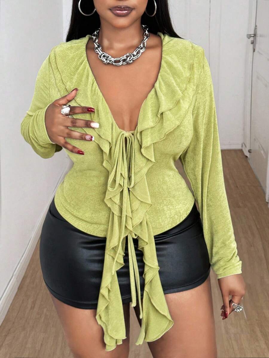 Maweii Camiseta de manga larga ajustada con volantes, abertura delantera y bajo asimétrico para mujeres de talla grande, ropa de otoño para mujeres - Verde - Ver 1