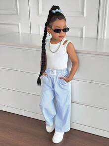 Young Girl Cute Summer Knit White Tank Top & Striped Elastic Waist Loose Pants Set