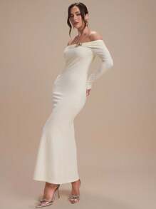 Modelyn Women's Metal Decor Off Shoulder Long Sleeve Fishtail Hem Fitted Elegant Dress - Apricot - View 7