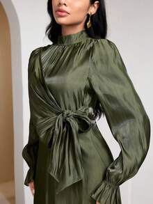 Veilorie 女士纯色立领长袖束腰优雅连衣裙 - 橄欖綠 - 查看 6