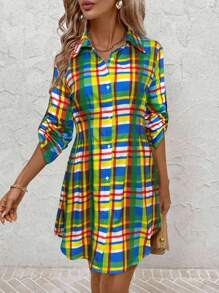 SHEIN Clasi Women's New Fashion Colorful Plaid Print Shirt Dress, Suitable For Commuting, Work, Outing, And Dating - Multicolor - View 5