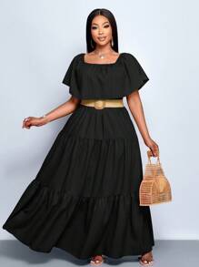 SOLERSUN 大码女式露肩褶领三段褶裙宽松长裙，情人节、丘比特、浪漫、玫瑰、约会、音乐节 - 黑色 - 查看 4