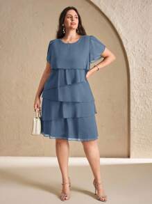 Chikora Vestido Elegante de Cor Sólida Multicamadas, Plus Size, Verão - Azul Empoeirado - Visão 5