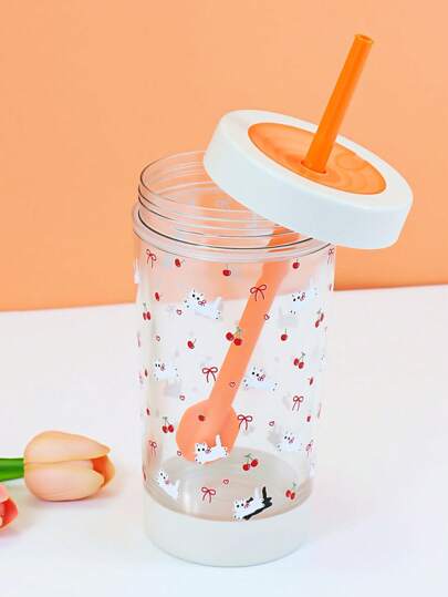 Kawaii 1pc Straw Cup With Lid, Reusable Drinking Iced Coffee Cup, Wagon Cup, Adult And Children'S Gift,Cherry Cute Fruit Cup, Kitten Pattern Cute Straw Cup, Decoration