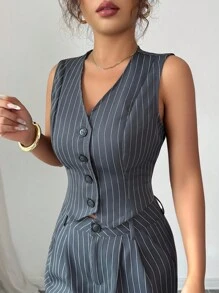 Chiquease 女士流行條紋無袖西裝外套和長褲套裝