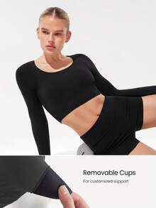 GLOWMODE Second-Skin 无缝交叉露背圆领短款长袖上衣，带拇指孔，低冲击瑜伽普拉提工作室日常休闲装，可拆卸罩杯 - 黑色 - 查看 3