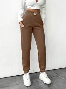 RueChic Solid Elastic Waist Termal Sweatpants For Autumn & Winter - Mocha Brown - View 3