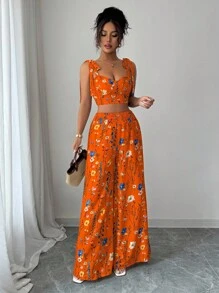 Elenzga 2 件套女士花卉印花吊带背心，背部交叉设计，阔腿交叉腰裤套装 - 橘色 - 查看 5