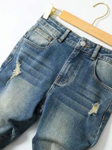 Conjunto de chaqueta vaquera desgastada azul y jeans con cintura ajustable para niño preadolescente de moda para exteriores y calle - Azul lavado oscuro - Ver 8