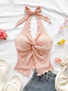 Soleia 时尚性感系带扭褶下摆开衩露背短款上衣