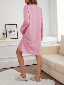EURMUSE PLUS Women Contrast Colour Lettered Round Neck Long Sleeve Homewear Pajama Dress - Pink - View 2
