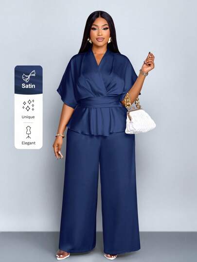 SOLERSUN Plus Size Women's Spring And Summer Fashion Solid Color Elegant V-Neck Stylish Exquisite Short Sleeve Satin Asymmetric Hem Shirt And Straight Wide Leg Elegant Trousers Suit, Two Pieces Suit, Casual Loose Resort Suit