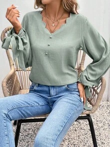 SHEIN Frenchy Bluse mit Bogenkante, Knoten, Laternenärmeln,