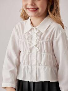 PrepCrw Blusa de manga larga con volantes, botones y decoración de lazo en estilo preppy para niñas jóvenes - Blanco - Ver 5
