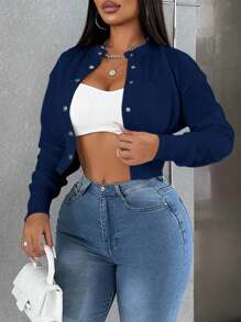 VaVaBold Áo khoác lửng dáng ôm màu trơn đơn giản - Màu xanh hải quân - Xem 1