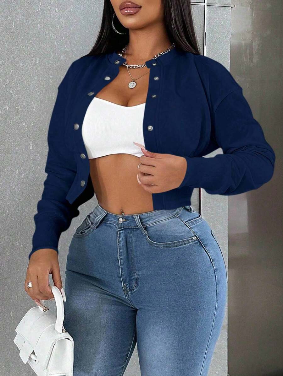 VaVaBold Áo khoác lửng dáng ôm màu trơn đơn giản - Màu xanh hải quân - Xem 1