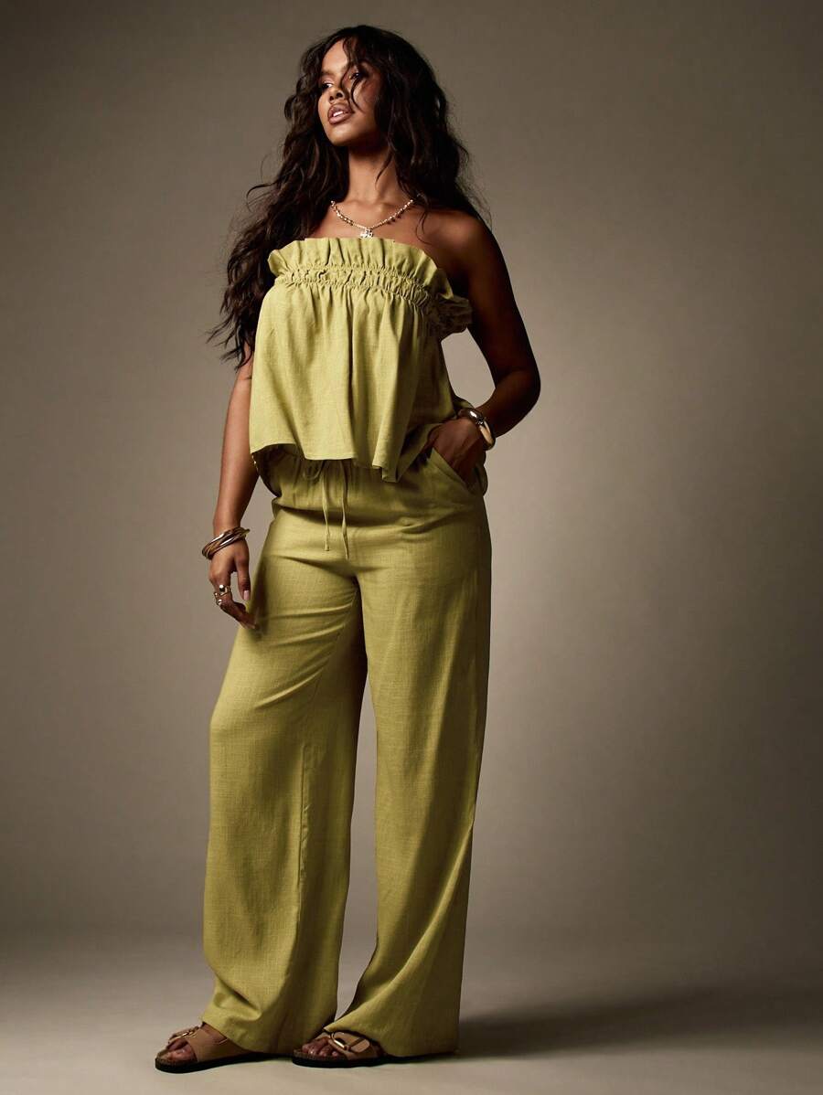 MISSGUIDED Linen-Look Summer Vacation Resort Two-Piece Set Ruffled Bandeau Top Wide Leg Palazzo Pants Beach Holiday Festival Lounge Wear Spring Outfit Coordinates Christmas - Green - View 1