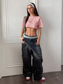 SHEIN Unity 女式白色露肩流苏短款上衣，超大街头风，百搭 Y2K 时尚性感短袖 T 恤，春夏