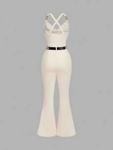 SHEIN MOD Macacão Retrô Glamoroso dos Anos 70 com Colarinho Drapeado e Detalhe em Metal com Cinto Bônus - Perfeito para Encontros, Festas e Feriados, Adequado para Estilo Ocidental, Uso no Escritório, Transporte, Visual Preppy e Charme de Dinheiro Antigo - Damasco - Visão 2