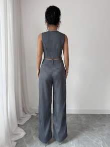 Chiquease 女士流行條紋無袖西裝外套和長褲套裝