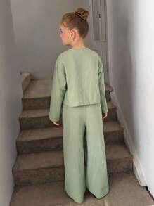 Easowa Tween Girl Bow Front Drop Shoulder Top & Wide Leg Pants - Green - View 2