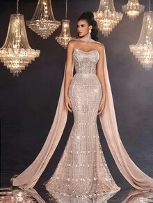 Glamrae Váy đuôi cá hở vai đính ngọc trai và sequin sang trọng, quyến rũ, thanh lịch, gợi cảm kèm khăn voan có thể tháo rời, thích hợp cho đám cưới, tiệc tùng, kỳ nghỉ, dạ tiệc, sự kiện trang trọng (trang trí đậm) - Rượu sâm banh - Xem 2