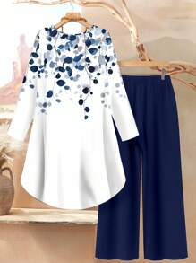 Rusticease 两件套西装女加大码蓝白度假印花优雅休闲宽松长袖上衣和裤子套装，适合秋冬季 - 藍白色 - 查看 2