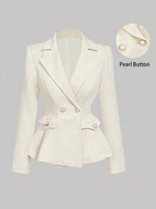 SHEIN MOD 缺口领长袖收腰复古风格米色西装外套，女士西装外套，复古风格，收腰西装外套，白色西装