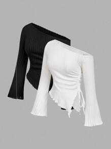 SHEIN MOD 两件装黑白女式不对称下摆喇叭袖T恤，带抽绳，不对称领口，罗纹袖，喇叭袖，单袖上衣，适合返校季、教师、可爱女性、万圣节服装、商务休闲女性、办公室女性穿着。 - 黑與白 - 查看 9