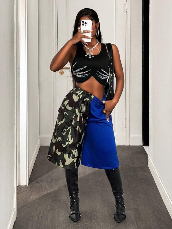 BamGleam New Fashionable Casual Camouflage Patchwork Loose Shorts For Women