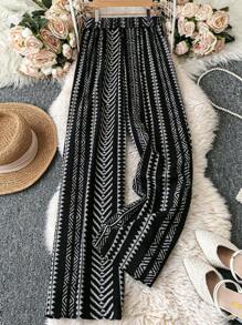 EMERY ROSE 大码女式黑色条纹印花休闲裤，适合通勤和日常穿着