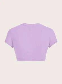 SHEIN ICON 紫色休闲简约图案圆领短袖修身短款女式T恤 - 紫色 - 查看 2
