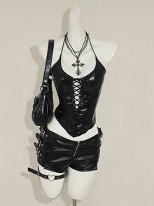 SHEIN ICON Women's Retro Sexy Avant-Garde Fashion Personalized Street Millennial Style Y2K Halloween Wear Sequined Leather Stitching Front Center Strap Pointed Hem Bat Shape Slim Fit Top - Black - View 5