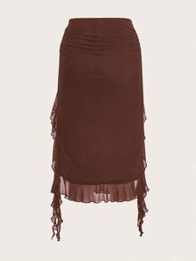 SHEIN ICON Váy xòe xẻ tà cao màu trơn thời trang mùa hè - màu nâu - Xem 2