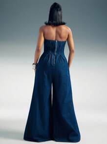 Denimoi 阔腿无袖牛仔连体裤 - 深色水洗藍 - 查看 5