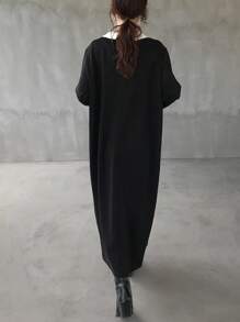 FRIFUL Women's Color Block Long Sleeve Loose Oversized Dress Black Dress Women Modest Dress Funeral Dress Church Dress Prayer Dress
