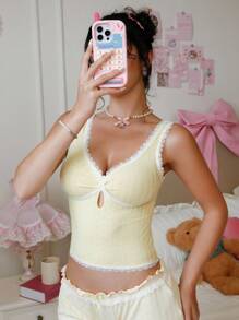 PetitDoll 女士甜美蕾丝拼布吊带背心 - 黃色 - 查看 4