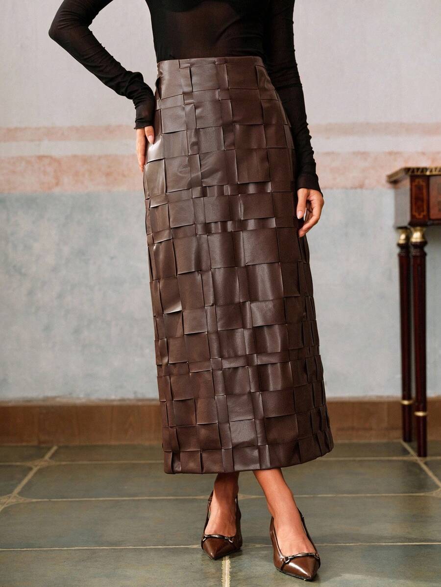 Anewsta Women's New Autumn/Winter PU Braided Street Style Skirt, Elegant & Unique For Music Festivals, Formal Occasions - Brown - View 1