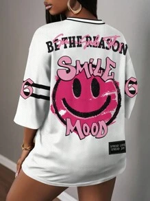 Slaydiva SMILE Kaos Jersey Kasual Bergambar Wajah Tersenyum, Huruf & Angka Ukuran 14 untuk Wanita, Cocok untuk Musim Panas - Hot Pink - View 2