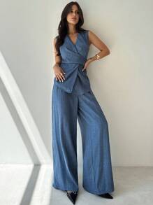 Firerie 女士休闲优雅仿麻纹理阔腿裤两件套西装/蓝色西装/办公室装/精致职业装/腰部上衣套装/秋季女装/女装返校装/女教师装/外出装/女教堂装/商务休闲女装/商务休闲女装 - 杏色 - 查看 7